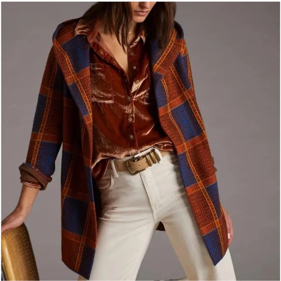 Anthropologie Field Flower Plaid Sweater Coat 100% Wool Size 2X - Picture 1 of 14